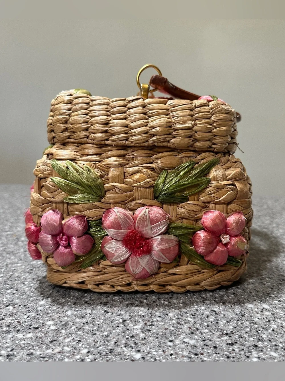 Vintage Woven Straw Basket Box Purse Handbag Wood Handle Raffia Flowers 10x6” - Picture 5 of 10